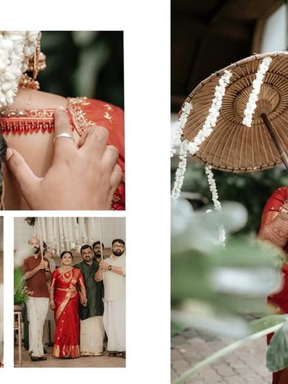 A collection of moments, including the bride's grand entry under a traditional umbrella and a happy family portrait.