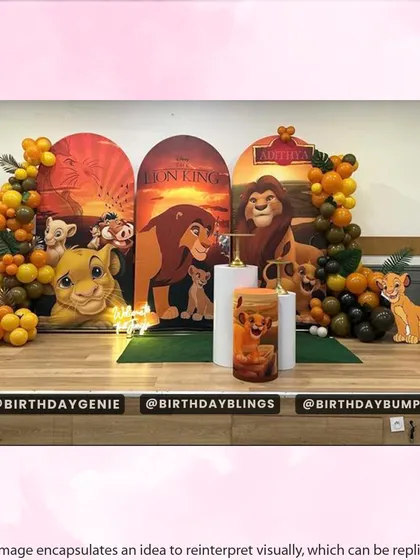 A multi-panel Lion King backdrop creating a panoramic scene of the Pride Lands, complete with character props and balloon columns in sunset colors.
