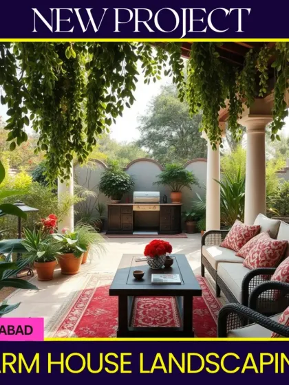 A farmhouse landscaping project in Faridabad. We designed this covered patio to be a comfortable and stylish outdoor living area, with lush potted plants, elegant furniture, and a seamless connection to the surrounding garden.