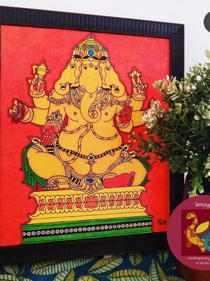 This is Trimukha Ganesha, the three-faced form of the beloved deity. This 12x14 inch painting is a unique representation, symbolizing Ganesha's dominion over the three worlds, and is currently available.