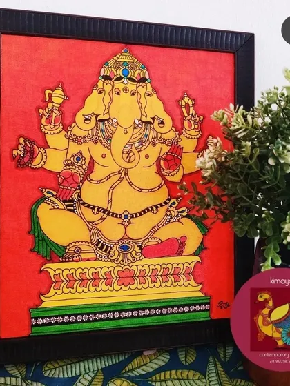 This is Trimukha Ganesha, the three-faced form of the beloved deity. This 12x14 inch painting is a unique representation, symbolizing Ganesha's dominion over the three worlds, and is currently available.