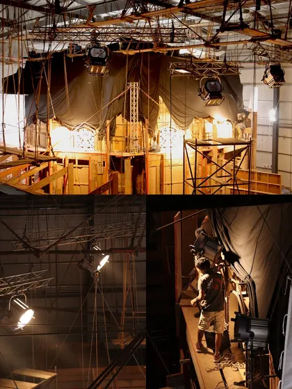 Another view of the complex rigging on the 'Chhaava' set, showing how lights were placed at various heights and angles to achieve a naturalistic feel.