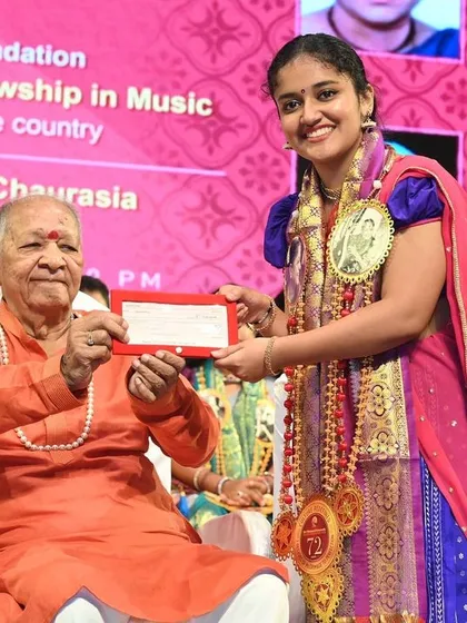A smiling photo from the M. S. Subbulakshmi Fellowship award ceremony. The joy and gratitude I felt in that moment is something I will always cherish.