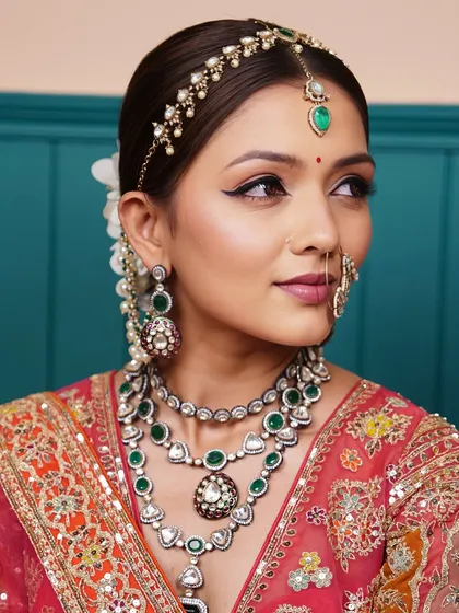 A side profile of the 'Zehra' look, highlighting the flawless base and how the makeup works in harmony with the stunning emerald and polki jewellery.