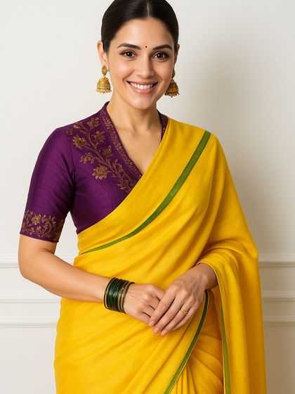 Here are the individual looks from my "One Blouse, Four Sarees" series. This single purple blouse with delicate embroidery pairs beautifully with orange, yellow, pink, and green sarees, proving how a versatile blouse is a smart investment for your wardrobe.