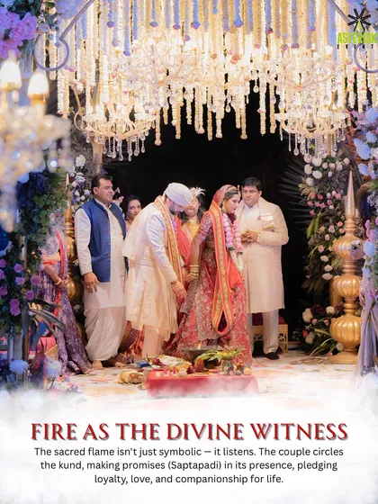 The sacred flame acts as the divine witness to the couple's vows as they circle the kund during the Saptapadi.