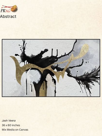 A minimalist yet powerful abstract by Jash Veera, where bold black ink strokes and gold leaf create a dramatic and elegant composition.