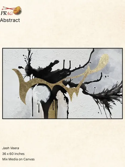 A minimalist yet powerful abstract by Jash Veera, where bold black ink strokes and gold leaf create a dramatic and elegant composition.