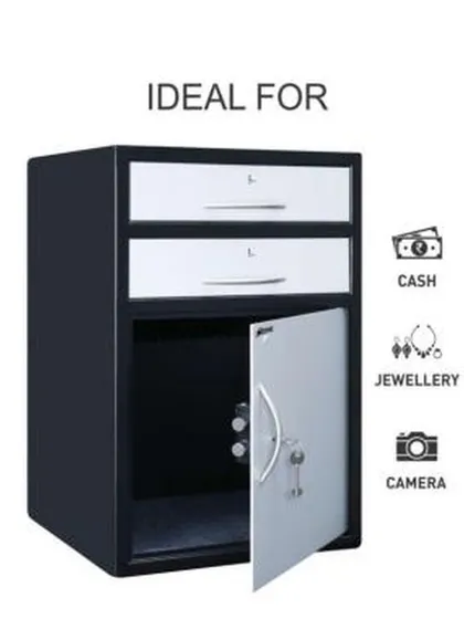 For commercial spaces requiring organized security, we install safes like the Convenio Manual-DD 13. This unit is ideal for storing cash, cameras, and jewelry, featuring two lockable top drawers and a larger bottom compartment for versatile business use.