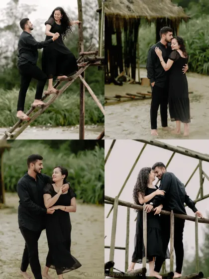 A collage of a couple in matching black outfits, capturing their romantic and playful moments at a beachside location.