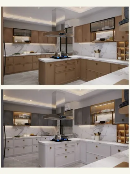 This image presents two design options for the same kitchen layout, demonstrating how changing cabinet finishes from warm brown to cool grey can completely transform the mood of the space.