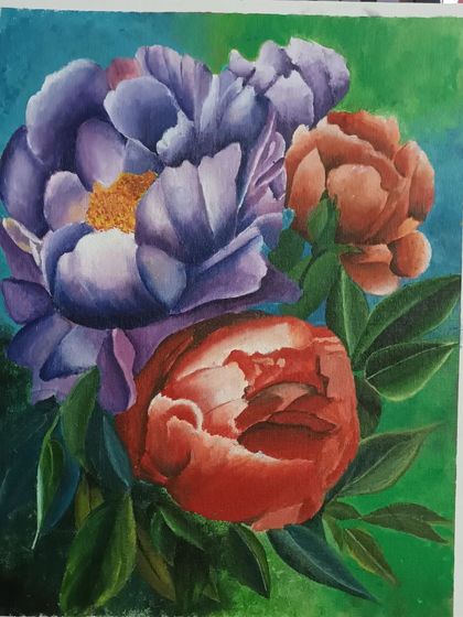 A vibrant floral painting in acrylic on canvas by my 12-year-old student, Stuti. She has shown a great understanding of colour harmony and composition.