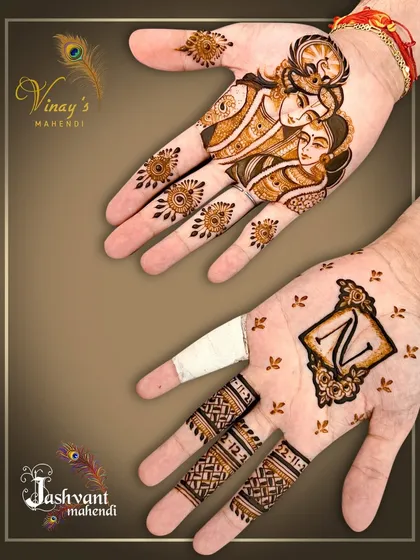 A great example of combining different styles for the groom. This set includes a Radha-Krishna portrait on one hand and a bold initial 'N' on the other, with patterned fingertips.