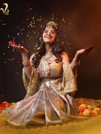 A joyous depiction of Shailaputri, celebrating her power. The styling here is about finding happiness and freedom in our own strength and resilience.