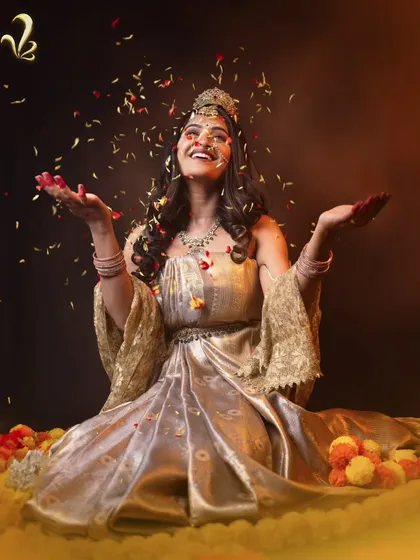 A joyous depiction of Shailaputri, celebrating her power. The styling here is about finding happiness and freedom in our own strength and resilience.