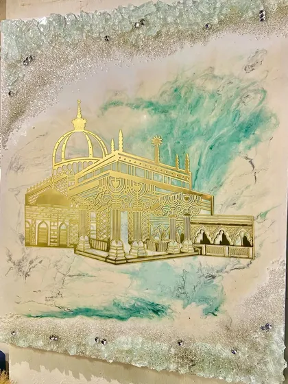 A serene and sophisticated resin piece depicting the Hazrat Khwaja Moinuddin Chishti Dargah in Ajmer. The soft hues, golden details, and intricate artistry are designed to bring a sense of peace to any space.