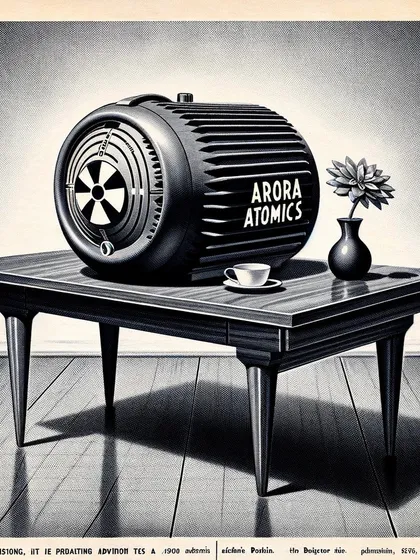 A minimalist ad for an Arora Atomics home reactor, presented as a sleek, modern piece of furniture. This explores the design language of mid-century modernism.
