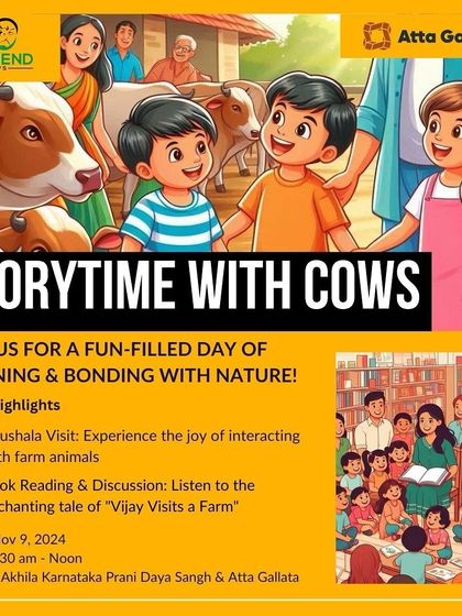 Poster for 'Storytime with Cows', a unique event combining a gaushala visit and a book reading.