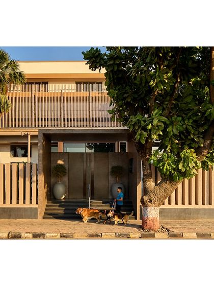 The revitalized street view of the iconic Blue Sea Banquet in Mumbai, where we designed a new entrance portal and revamped the building's façade.