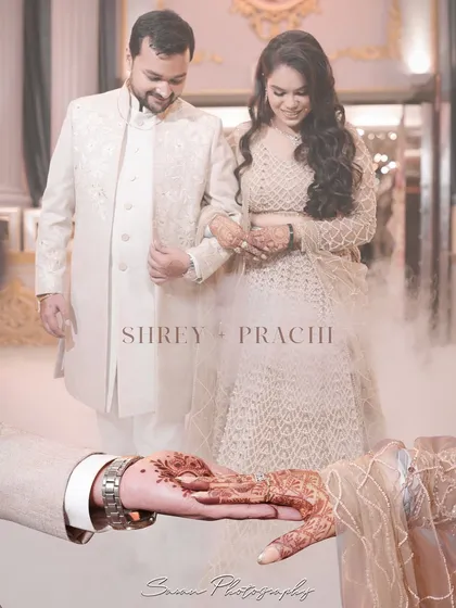 A creative composite image from a ring ceremony, showing the couple's hands and their portrait.