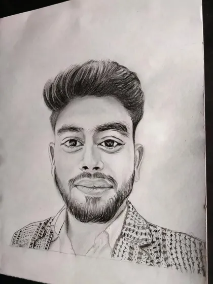 A commissioned portrait with a focus on the patterned jacket and facial hair, all rendered in detailed graphite.