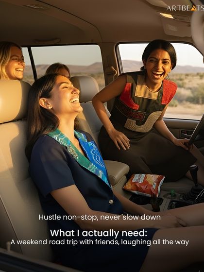 A weekend road trip with friends, laughing all the way. This image captures the joy and freedom that my clothes are designed for, featuring the Nebula and Monolith dresses.