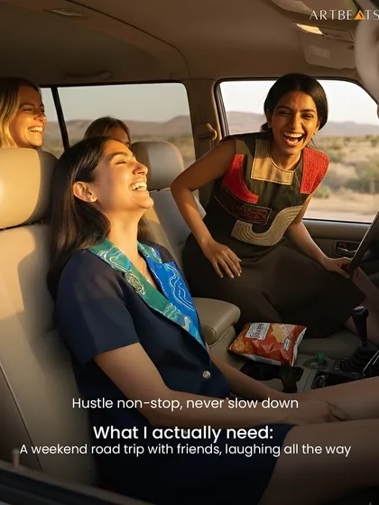 A weekend road trip with friends, laughing all the way. This image captures the joy and freedom that my clothes are designed for, featuring the Nebula and Monolith dresses.