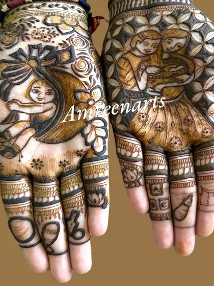 A heartwarming design for a mom-to-be. One hand shows a baby in a crescent moon, while the other features a portrait of the parents holding their newborn.
