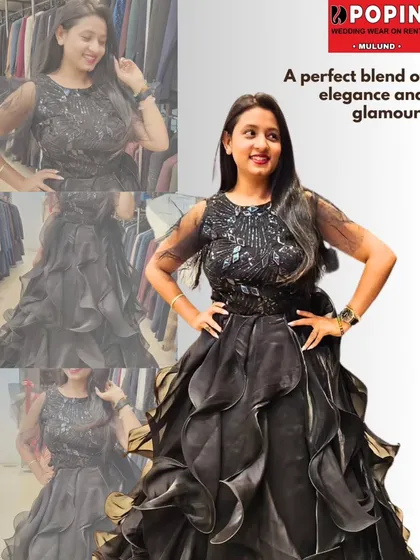 Make a grand entrance in this glamorous black statement gown. With its sparkling bodice and dramatic ruffled skirt, it’s the perfect rental for cocktail nights, receptions, and any event where you want to turn heads.