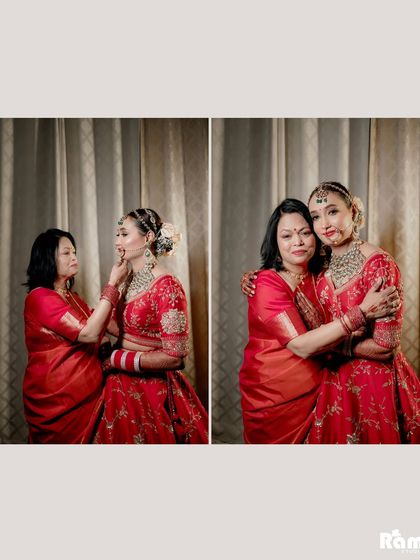 A touching diptych showing the bride sharing emotional moments with her mother, capturing the love and blessings of family.