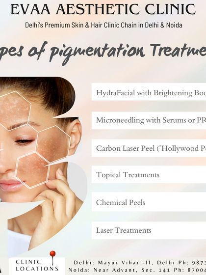 Discover the types of pigmentation treatments we offer, including HydraFacial with brightening boosters, microneedling with PRP, and Carbon Laser Peels.