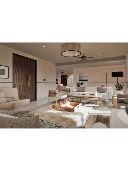 A render for our 'Residence at Hutchins' project, showing a living room designed with modern simplicity and a cozy, neutral palette.