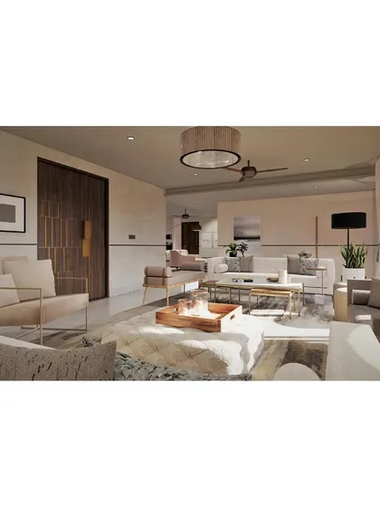A render for our 'Residence at Hutchins' project, showing a living room designed with modern simplicity and a cozy, neutral palette.