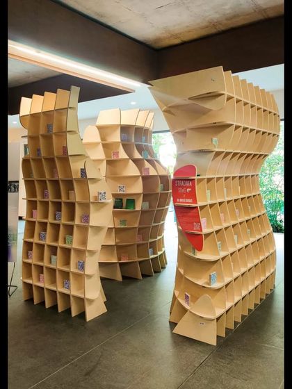 The completed 'Stradata' installation on display. The three separate but related forms create a dialogue with each other, forming a small path or space between them for people to explore.