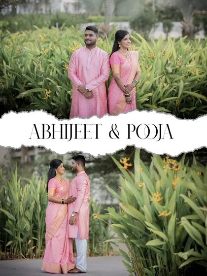 A collage of a couple in matching pink outfits, posing together in a beautiful garden setting.