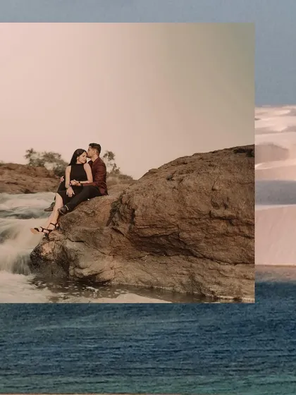 A collage from a pre-wedding shoot near a river and palm trees, capturing both dramatic and serene moments.