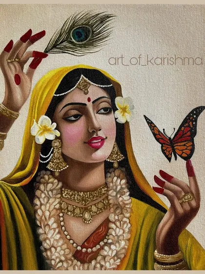 A finished oil painting titled "Smaraṇa," depicting Radha with a butterfly.