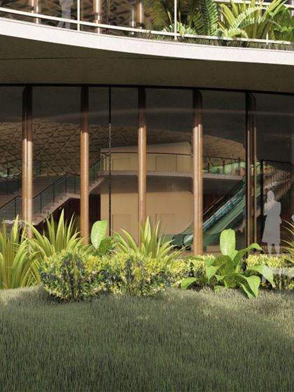 A close-up rendering of our office design concept, where the exterior is surrounded by lush greenery. The focus is on creating a workspace that is not just aesthetically pleasing but also comfortable and connected to nature.