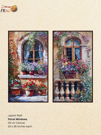 A diptych of 'Floral Windows' by Jayant Patil, offering charming, picturesque views of balconies overflowing with flowers.