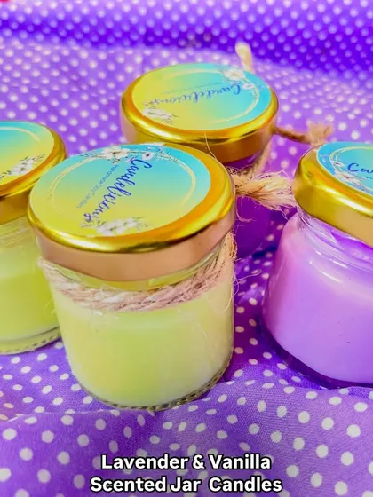 These are my classic scented jar candles, shown here in Lavender and Vanilla variants. They are a simple, affordable, and popular choice for personal use or as small thank you gifts.