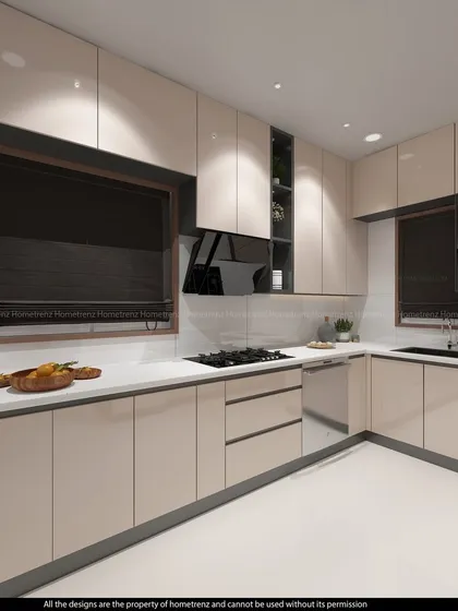 The U-shaped layout of this kitchen provides plenty of workspace and storage, with a modern and clean aesthetic.