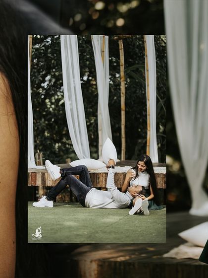 A collage capturing sweet, candid moments from a pre-wedding shoot in a garden setting with white drapes.