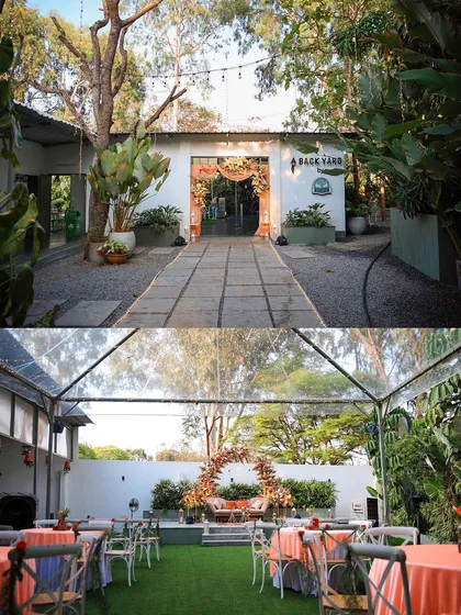 An elegant engagement setup at The Backyard. This shows how the intimate space can be transformed with beautiful decor, featuring a floral arch and comfortable seating, making it ideal for engagements, baby showers, or milestone birthdays.