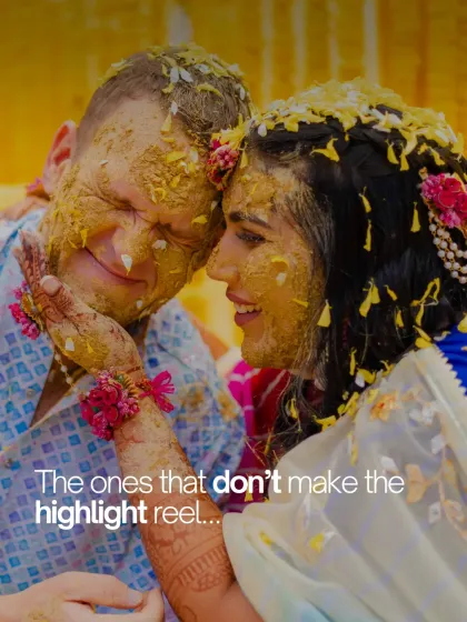 This is a moment that might not make the main highlight reel, but it's one of my favorites. A bride tenderly applies haldi to her groom's face, a perfectly imperfect moment of love.