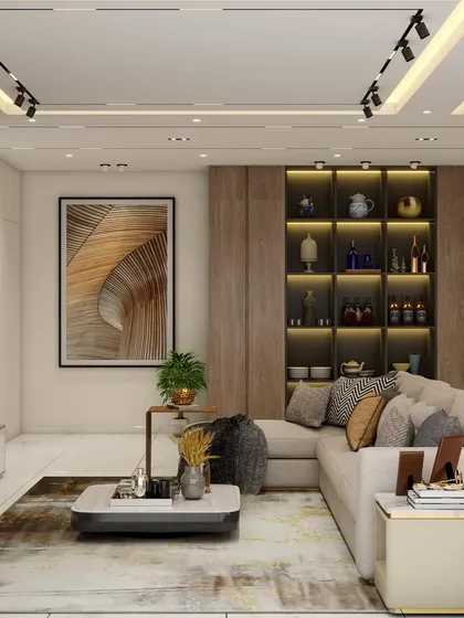 Another view of the living room render, focusing on the media wall and a cozy seating corner. The design includes a built-in bar unit with display shelves, blending entertainment and style.