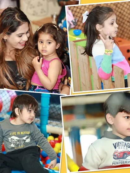 Happy kids mean happy moms. This collage perfectly captures the essence of our space, with kids enjoying the play area and a mother sharing a quiet moment with her child.