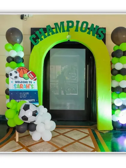 The full view of the sports-themed "Champions" entrance, perfect for any little athlete's birthday.