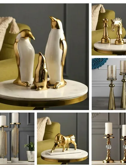 A collage of elegant home decor items, including golden figurines and candle holders, from one of our featured brands, Chicdecore.