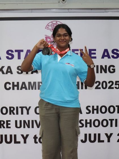 Ahana proudly displays her bronze medal won in the Air Rifle Under-14 category at the CISCE Regional Shooting Championship.
