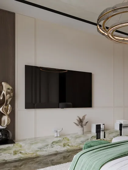 This view highlights the unique green onyx console table and the sculptural decor, demonstrating my ability to render high-end, artistic furniture pieces.